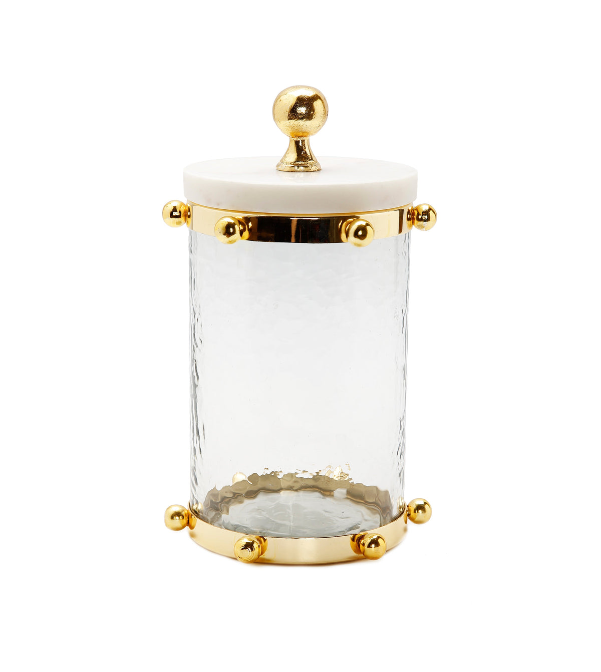 Hammered Glass Canister with Gold Ball Design 8"