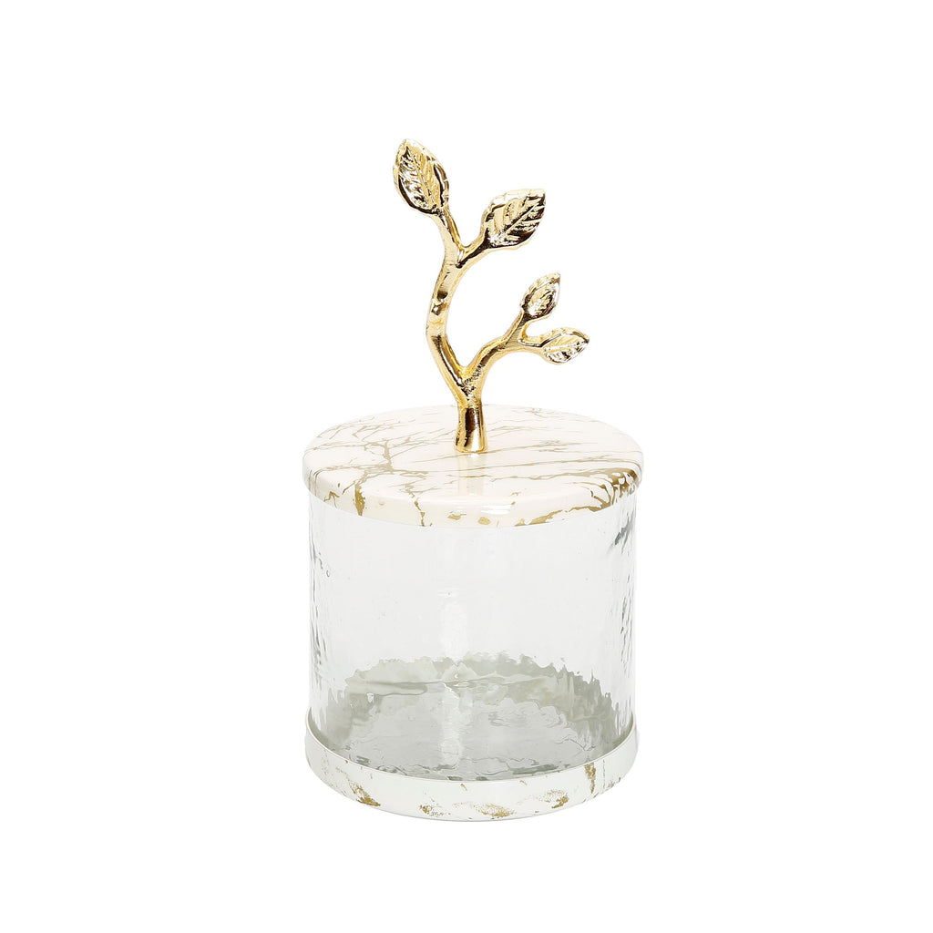 Short Glass Canister with White/Gold Marble Lid and Leaf Handle