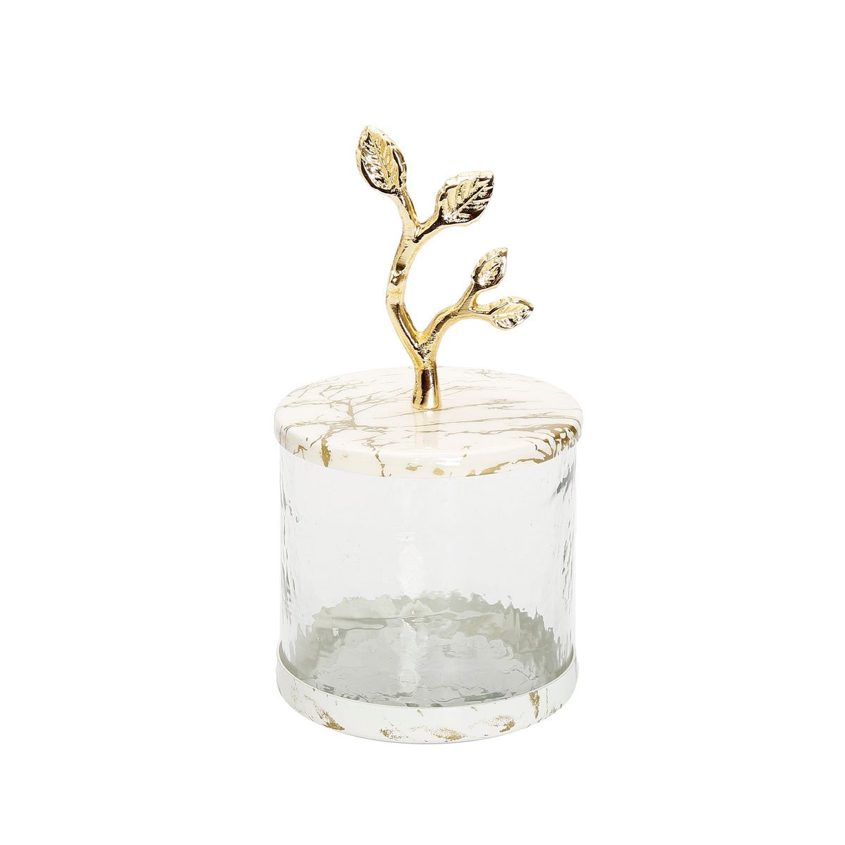 Short Glass Canister with White/Gold Marble Lid and Leaf Handle