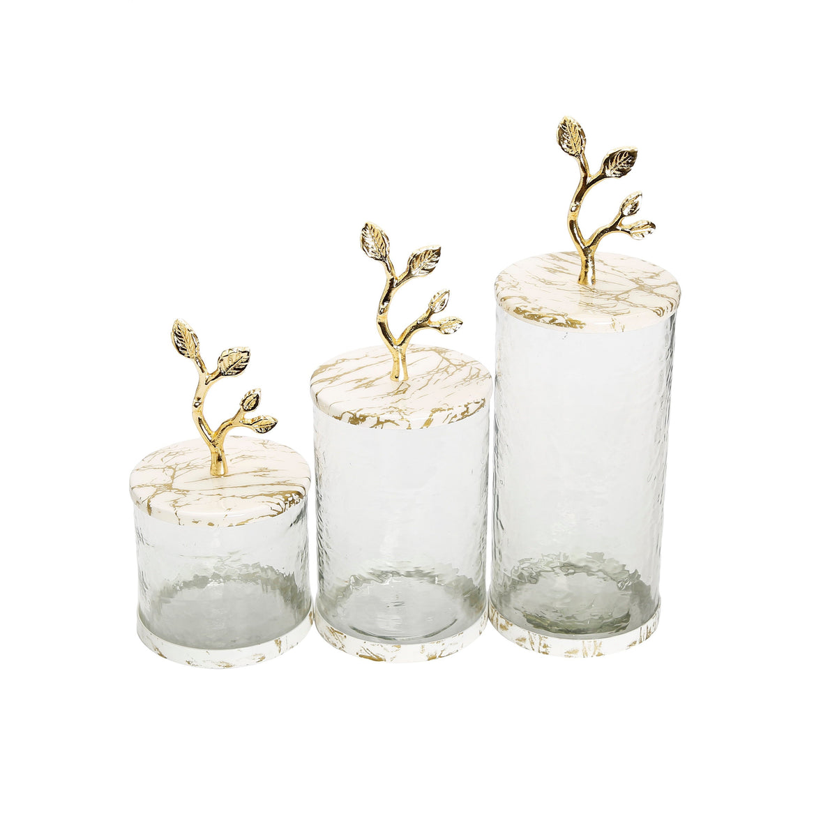 Large Glass Canister with White/Gold Marble Lid and Leaf Handle