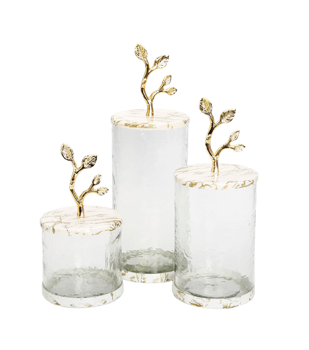 Short Glass Canister with White/Gold Marble Lid and Leaf Handle
