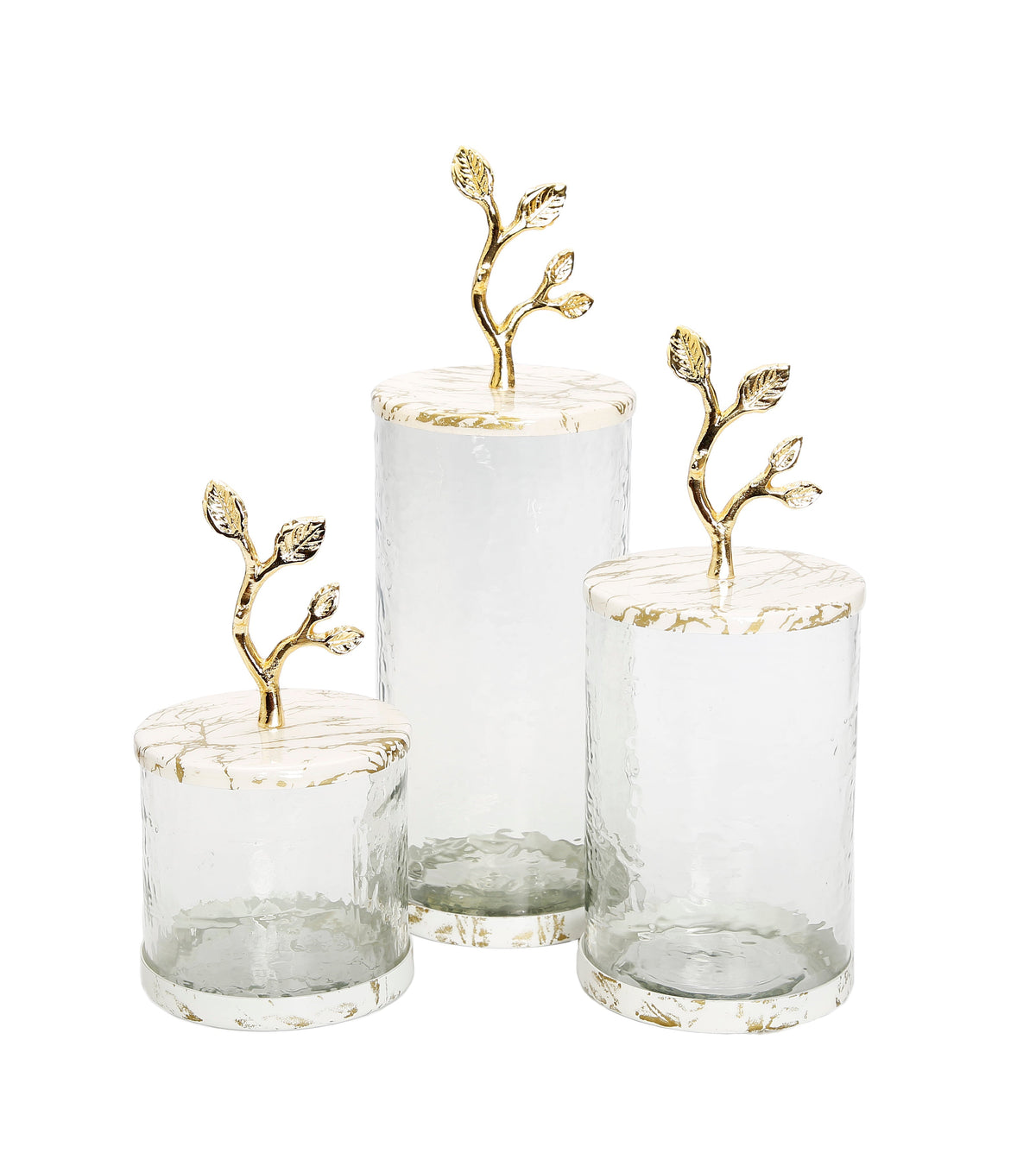 Short Glass Canister with White/Gold Marble Lid and Leaf Handle