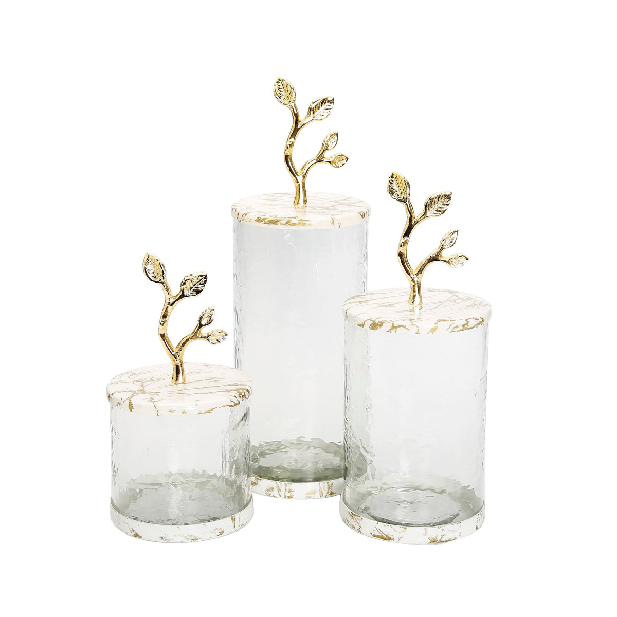 Large Glass Canister with White/Gold Marble Lid and Leaf Handle