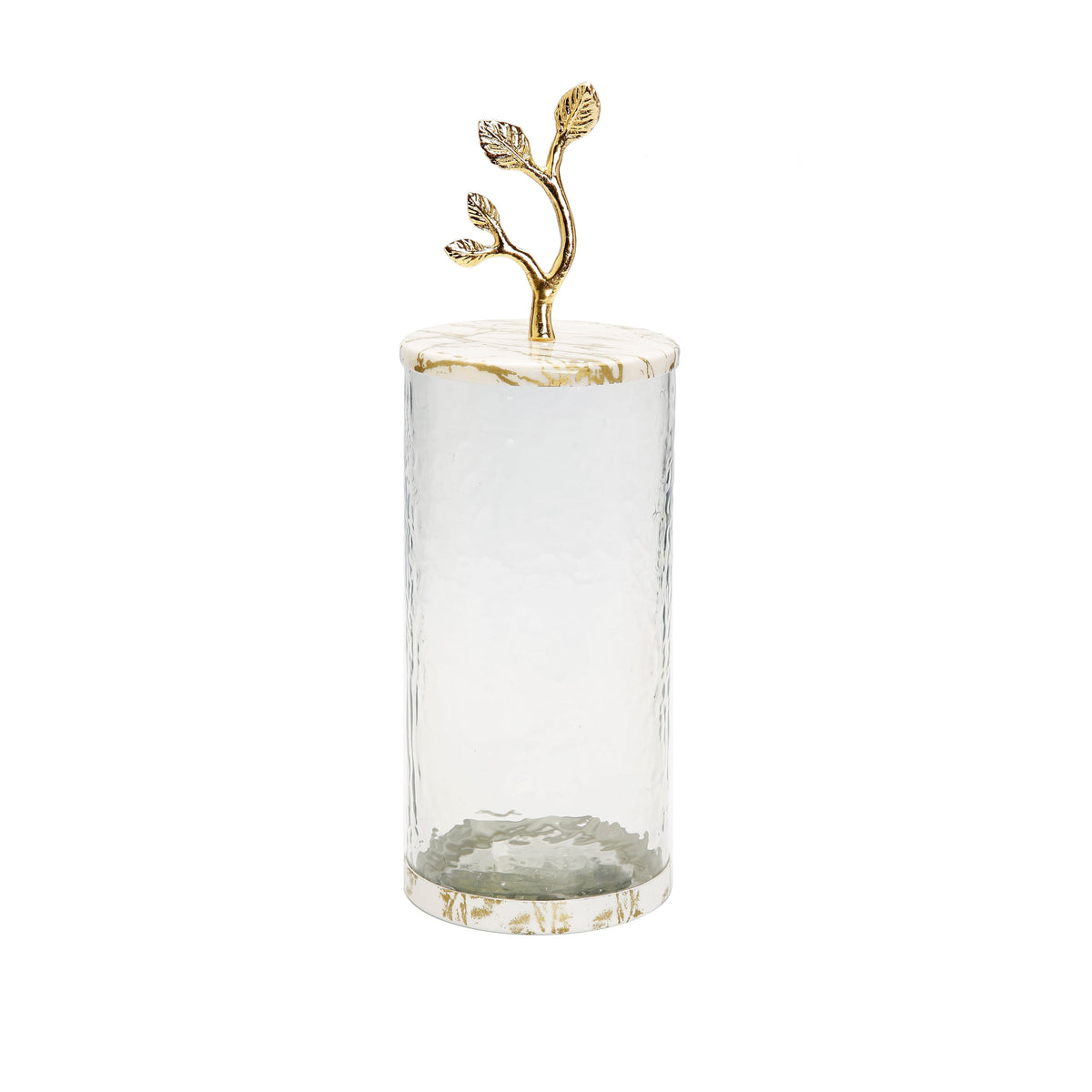 Large Glass Canister with White/Gold Marble Lid and Leaf Handle