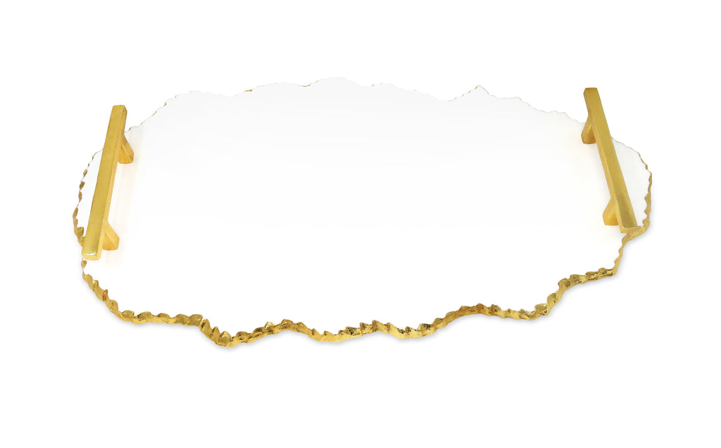 White Marble Platter with Gold Handles - 19.25"L