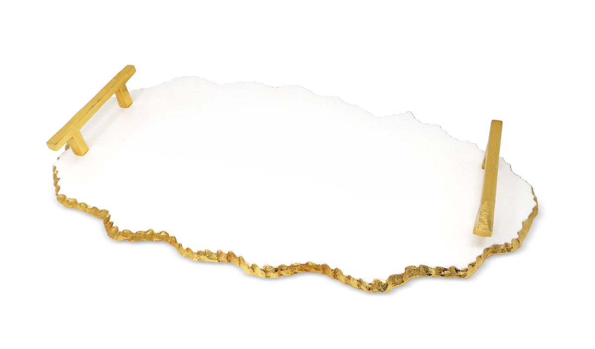 White Marble Platter with Gold Handles - 19.25"L