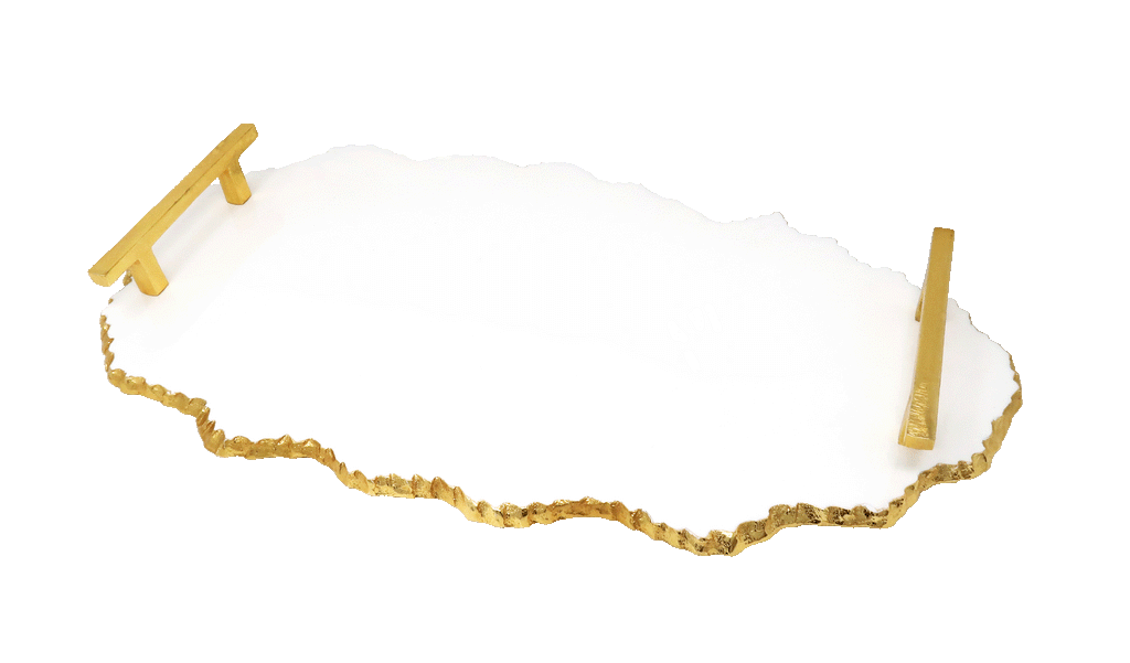 White Marble Platter with Gold Handles - 19.25"L