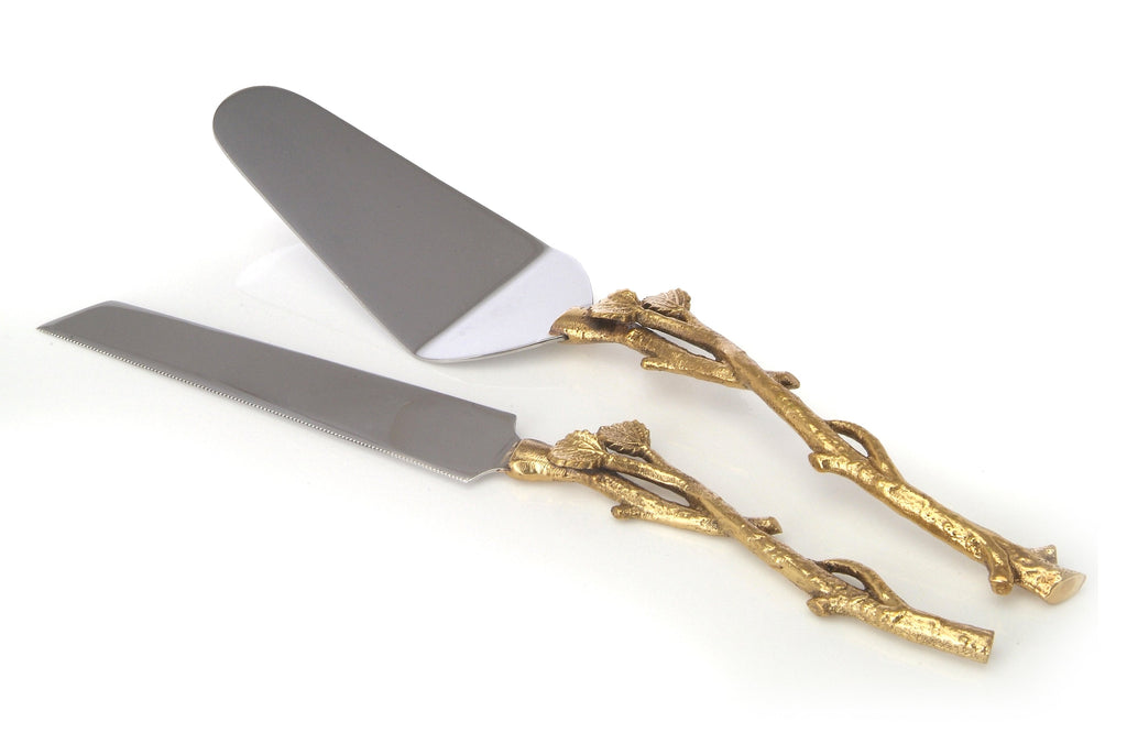 Cake Server and Knife Set with Gold Leaf Design, Dims 12"L