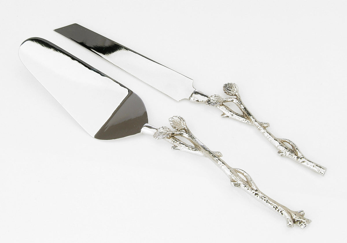 Cake Server and Knife Set with Gold Leaf Design, Dims 12"L