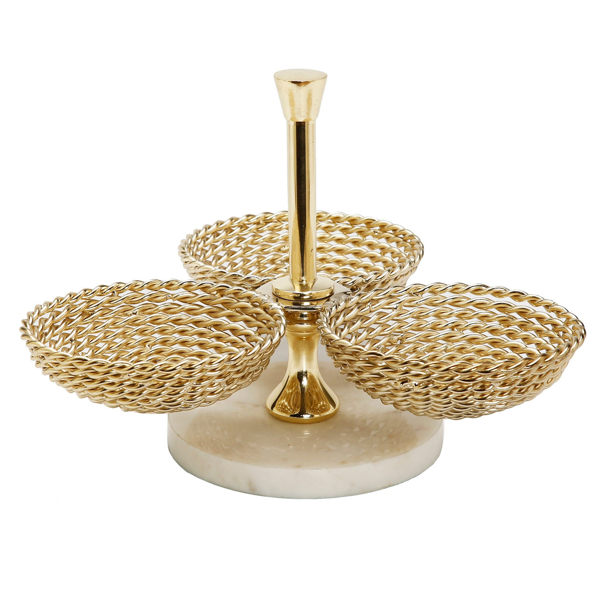 Triple Bowl Relish Dish Gold Rope Design and Marble Base