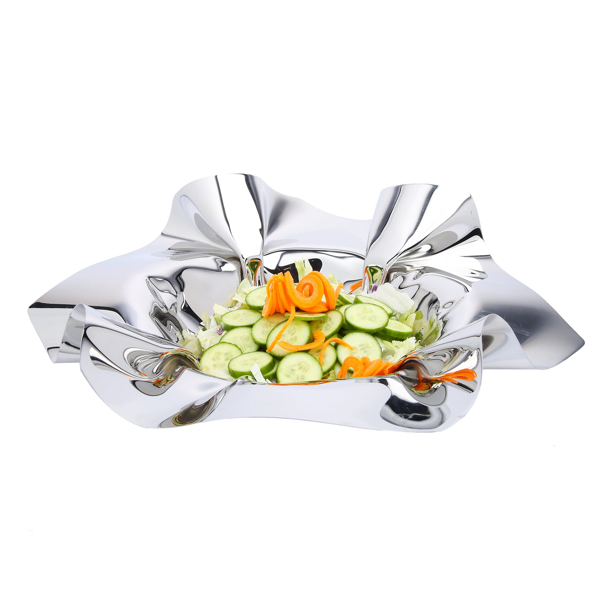 14" Round Stainless Steel Ruffled Design Serving Bowl