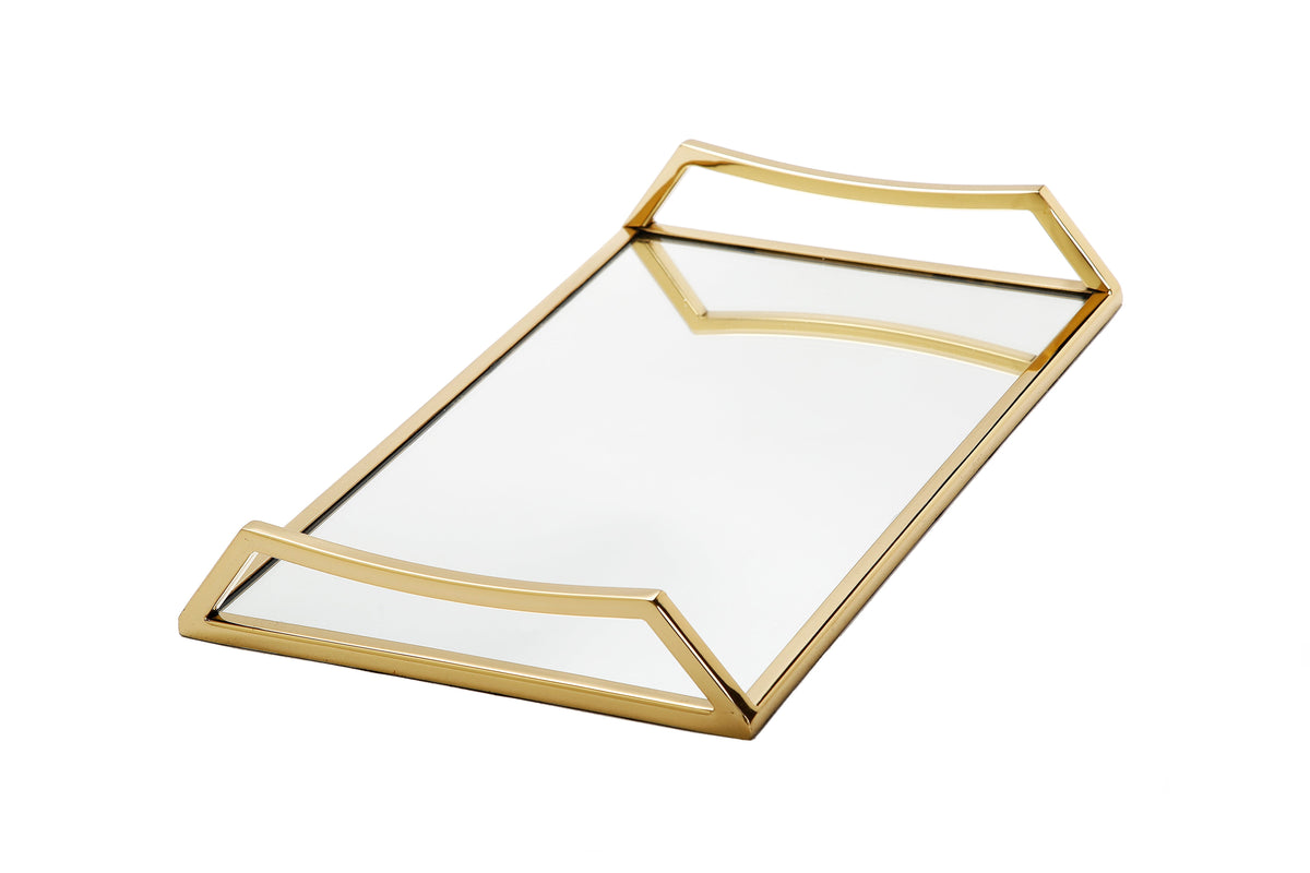 Oblong Mirror Serving Tray with Gold Handles