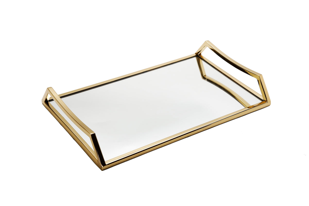 Oblong Mirror Serving Tray with Gold Handles
