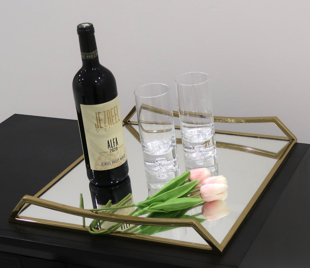 Oblong Mirror Serving Tray with Gold Handles