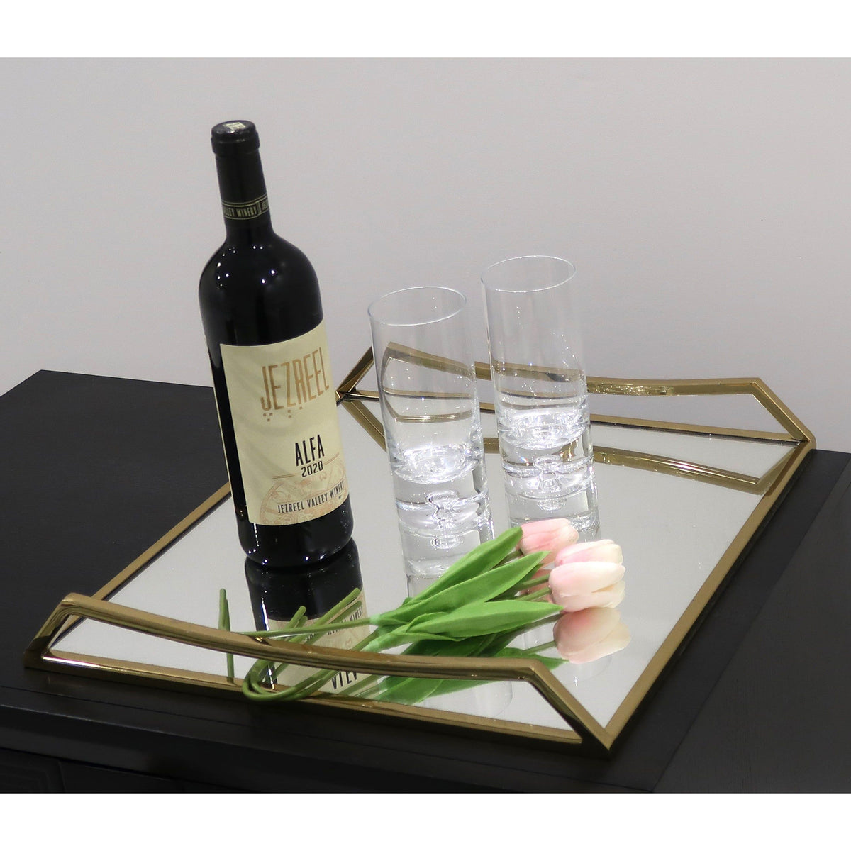 Oblong Mirror Serving Tray with Gold Handles