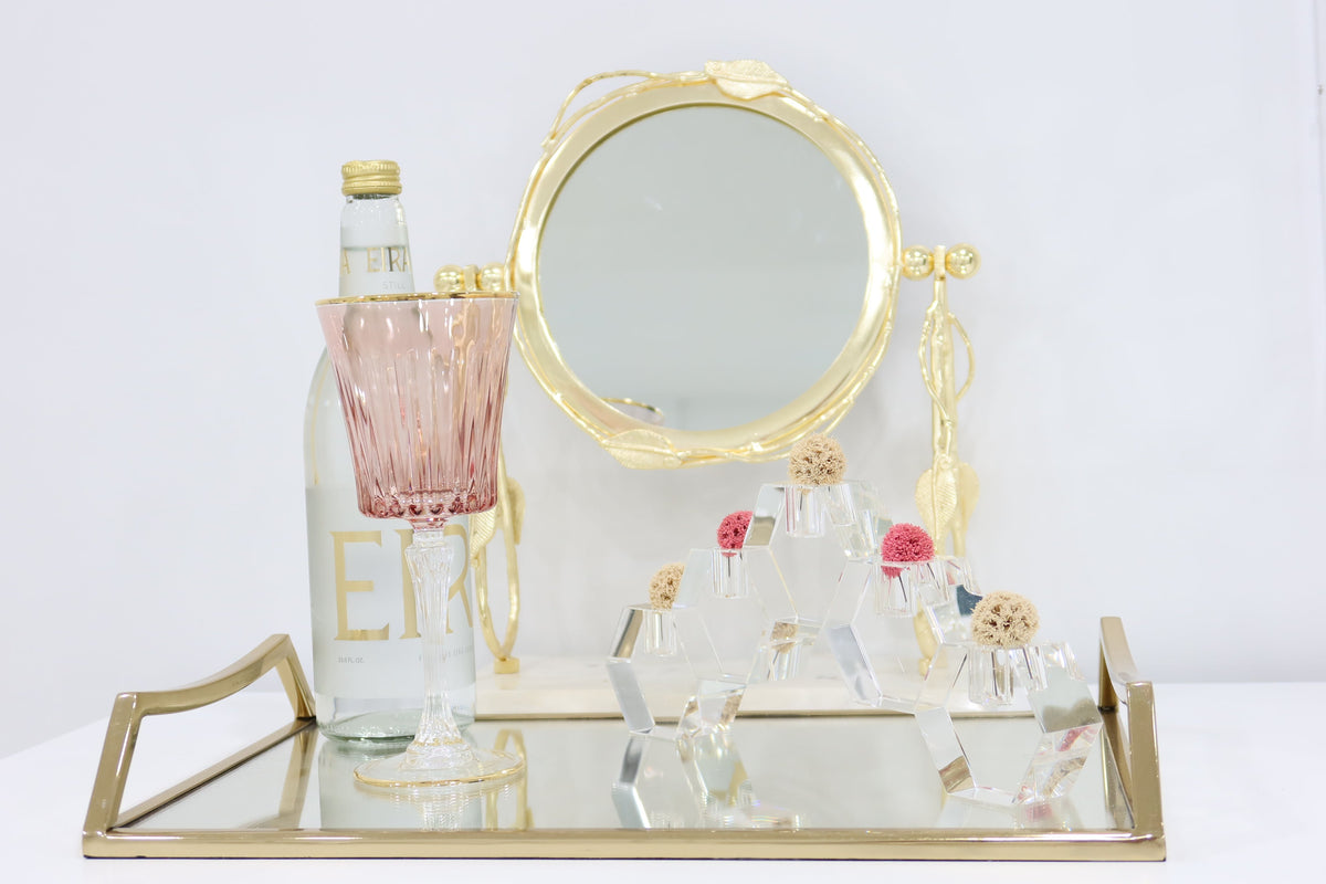 Oblong Mirror Serving Tray with Gold Handles