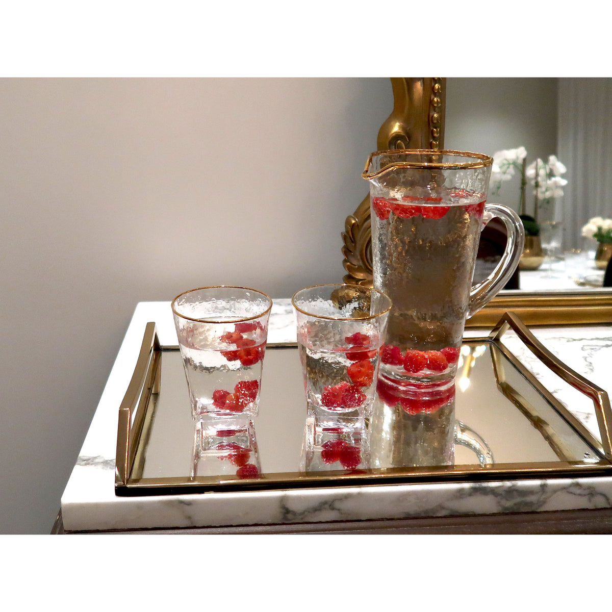 Set of 6 Square Shaped Hammered Glasses with Gold Rim