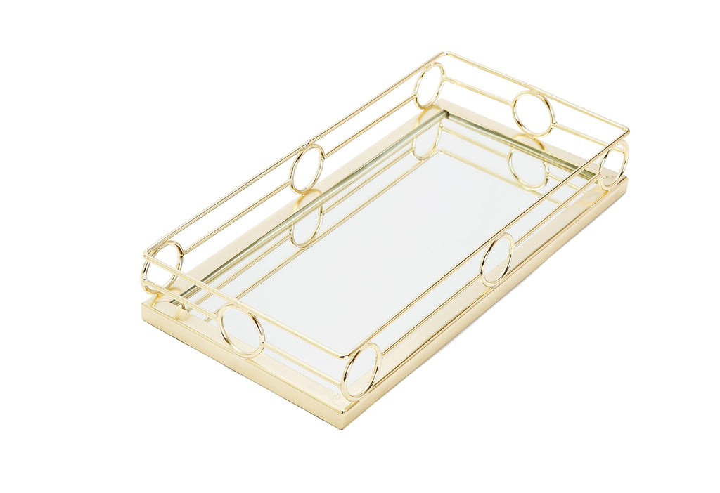 Oblong Mirror Tray with Gold Design 14"L