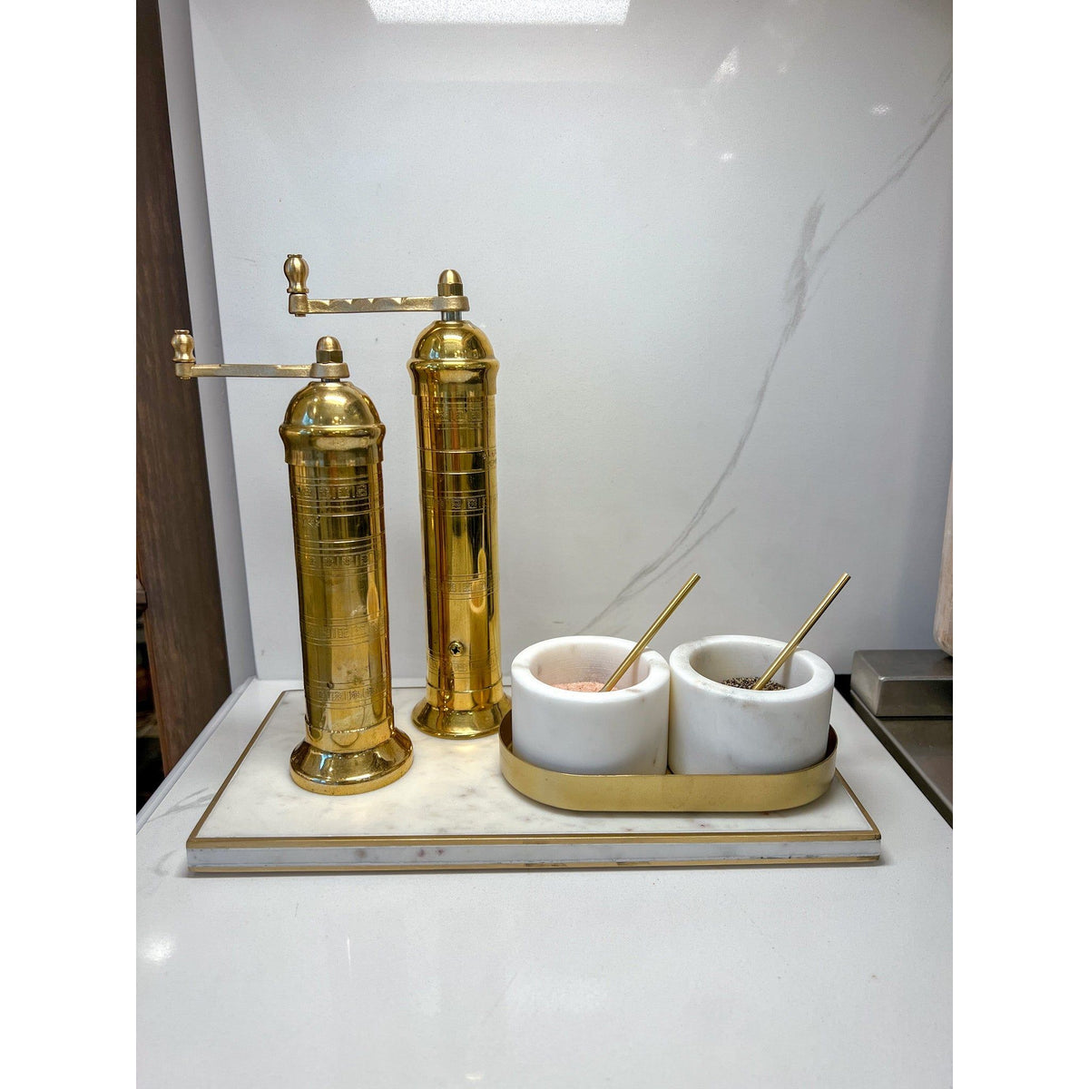 Marble Salt and Pepper Set with Gold Base and Spoons