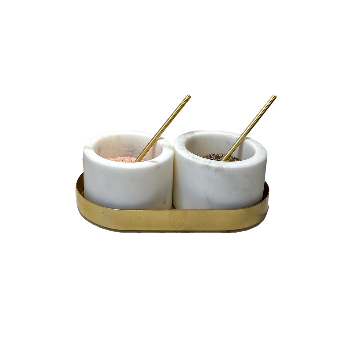 Marble Salt and Pepper Set with Gold Base and Spoons