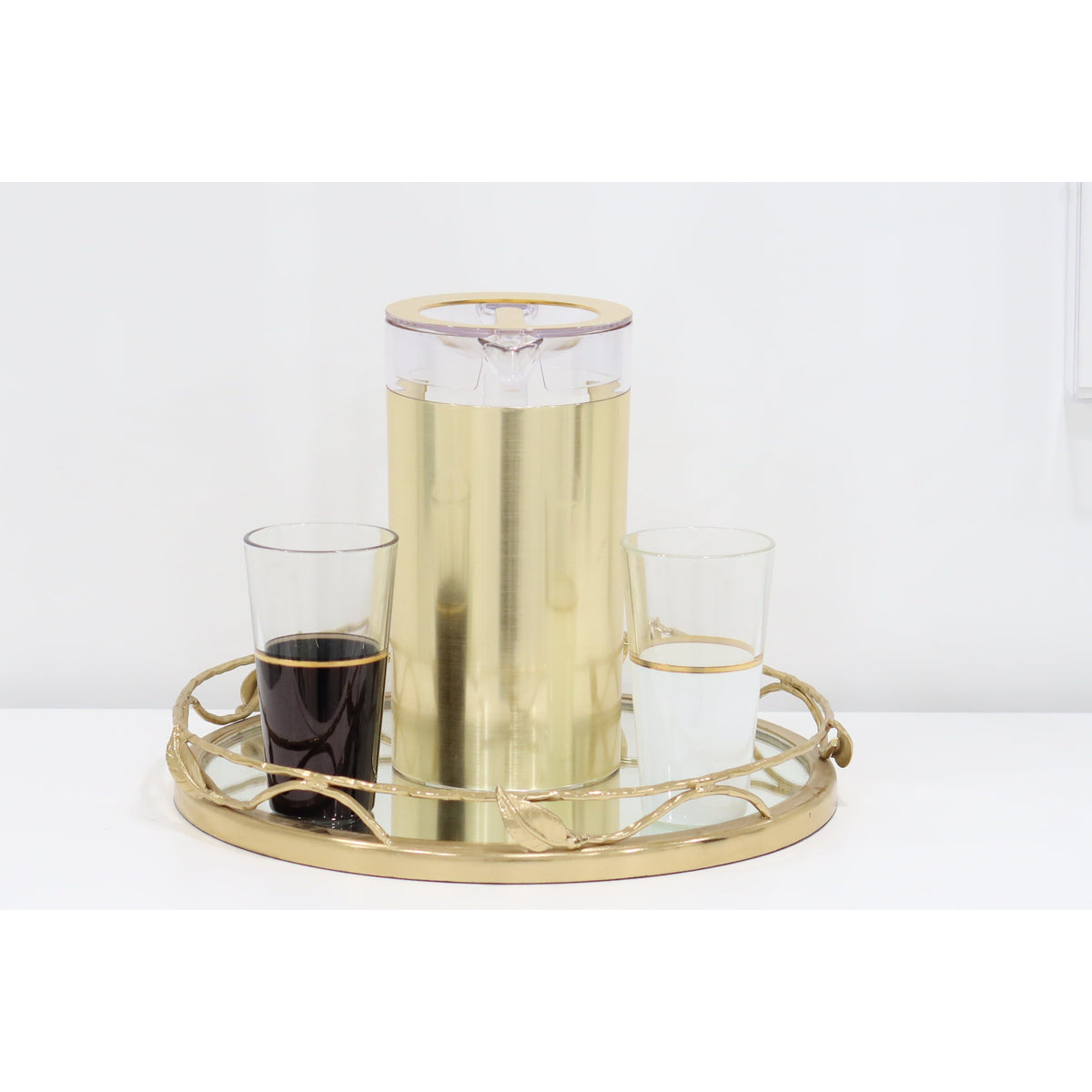 Round Mirror Tray With Nickel Leaf Design - 11.25"D X 2"H