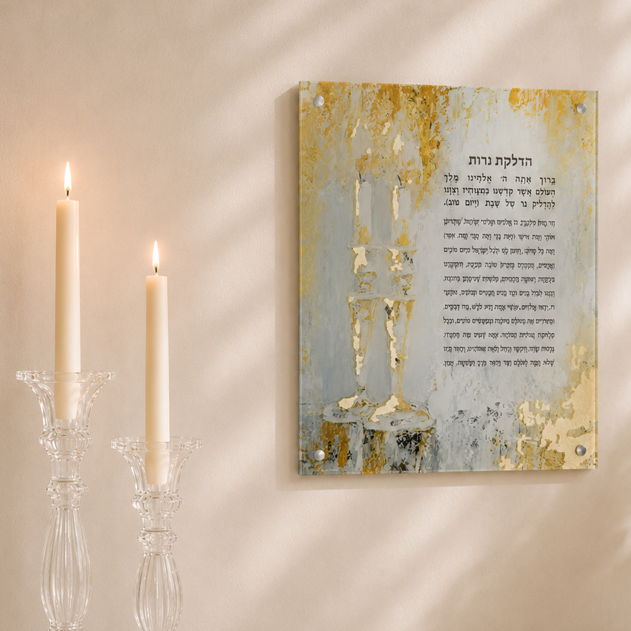 A square wall art print with Hebrew text and an abstract gold, blue, and white design hangs on a cream wall above a marble console table styled with lit candles, a small candle holder, and white flowers.