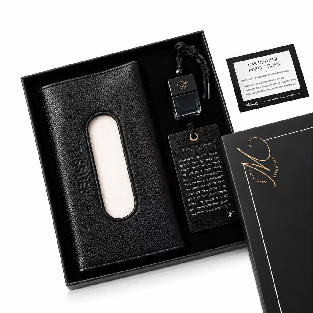 Open gift box with car diffuser, tissue case and traveler's prayer tag