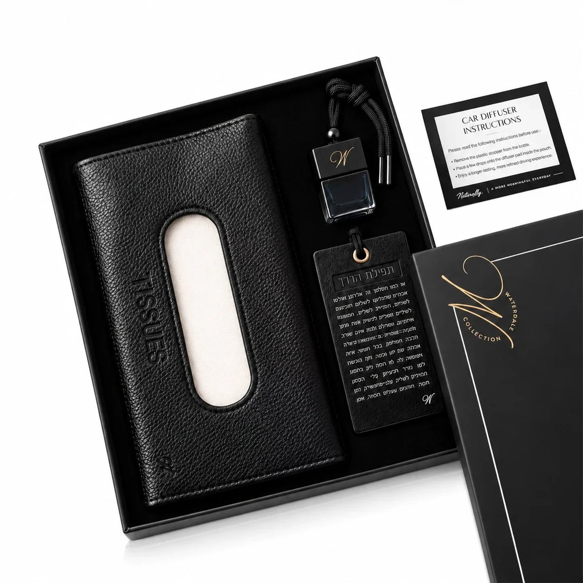 Open gift box with car diffuser, tissue case and traveler's prayer tag