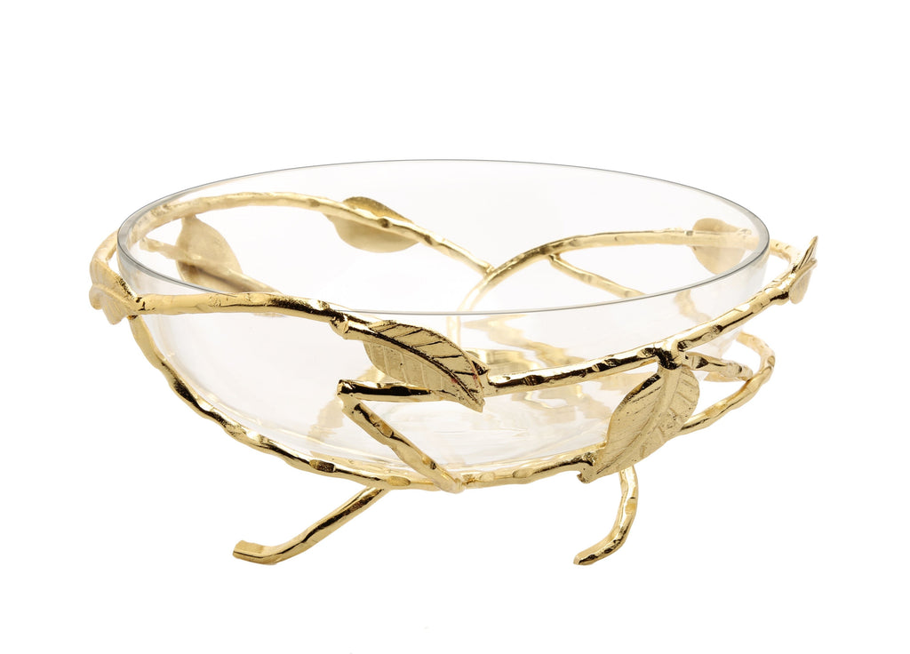 Hammered Glass Salad Bowl with Gold Brass Leaf Decoration