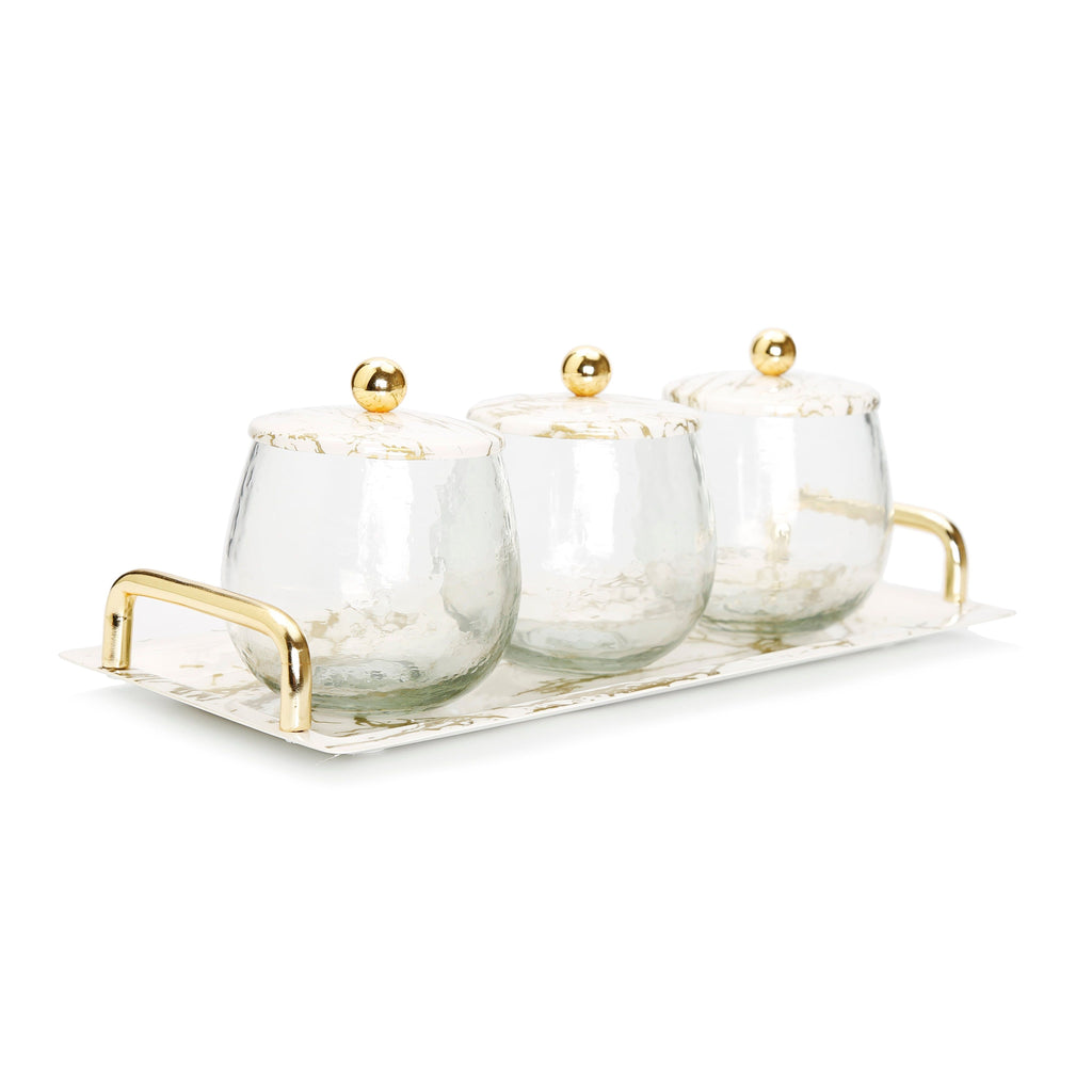 Gold Marble 3 Bowl Serving Dish with Gold Ball Design