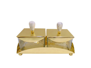 2 Square Bowls on Rectangle Tray with Marble Knob Covers and Spoons, 12