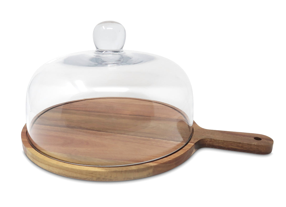 Glass Cake Dome on Wooden Board Base