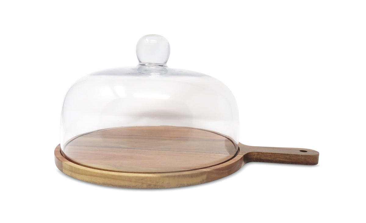 Glass Cake Dome on Wooden Board Base