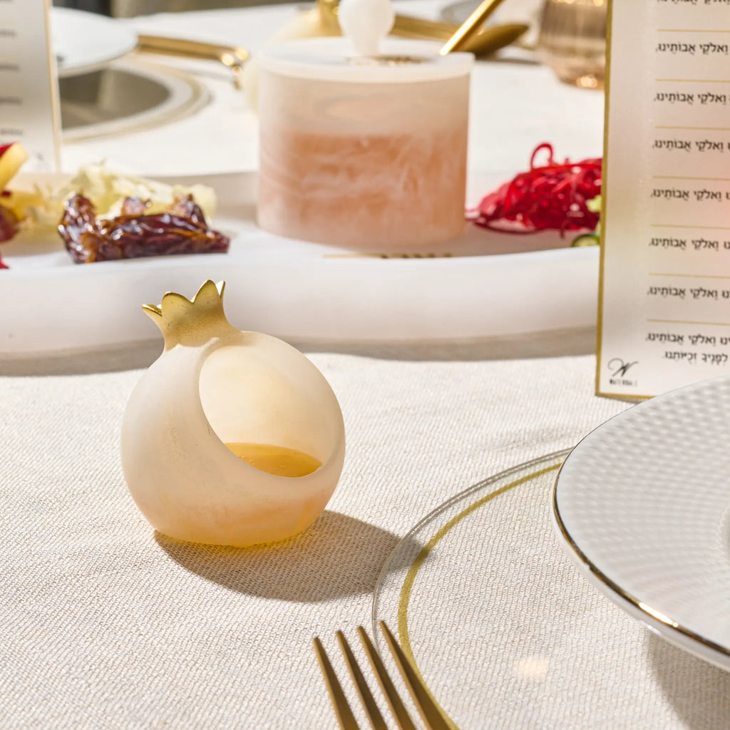 Four personal pomegranate honey dishes in gold resin for Rosh Hashanah