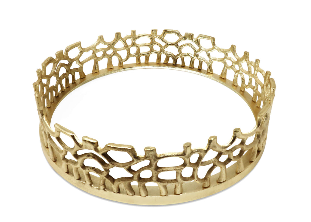Round Gold Mirror Tray with Lace Design, 12"D