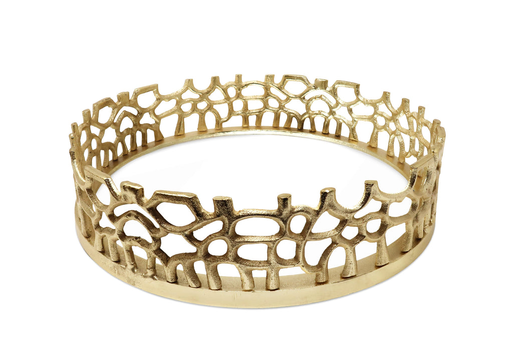 Round Gold Mirror Tray with Lace Design, 12"D