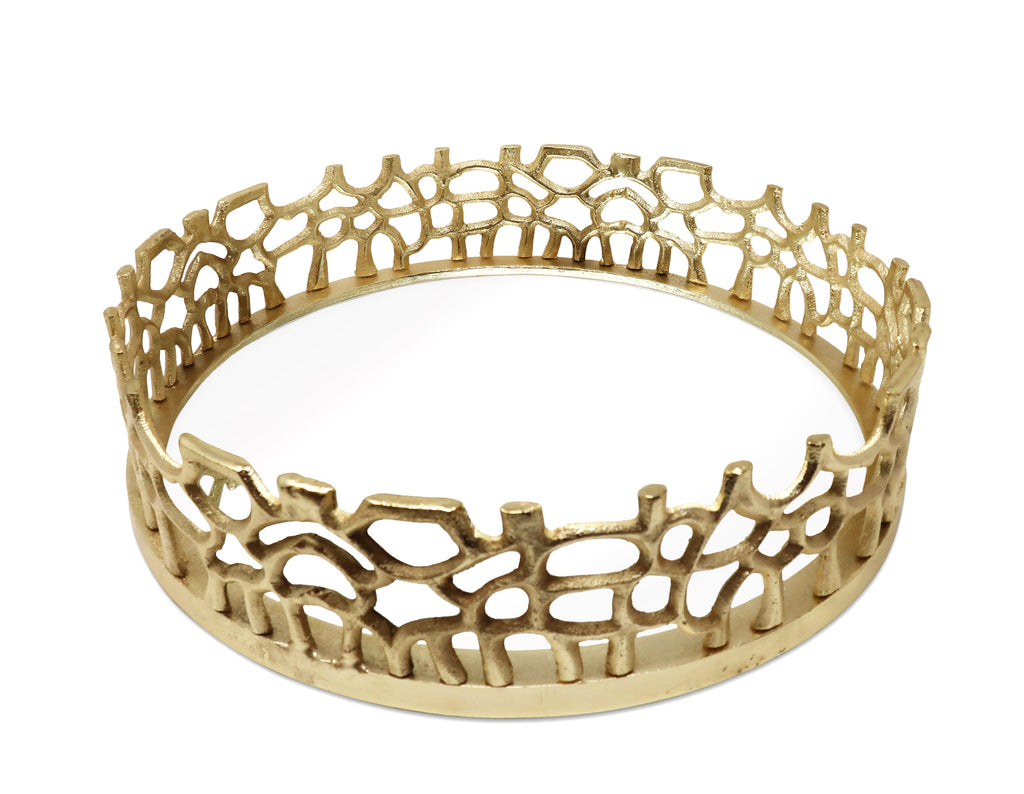 Round Gold Mirror Tray with Lace Design, 12"D