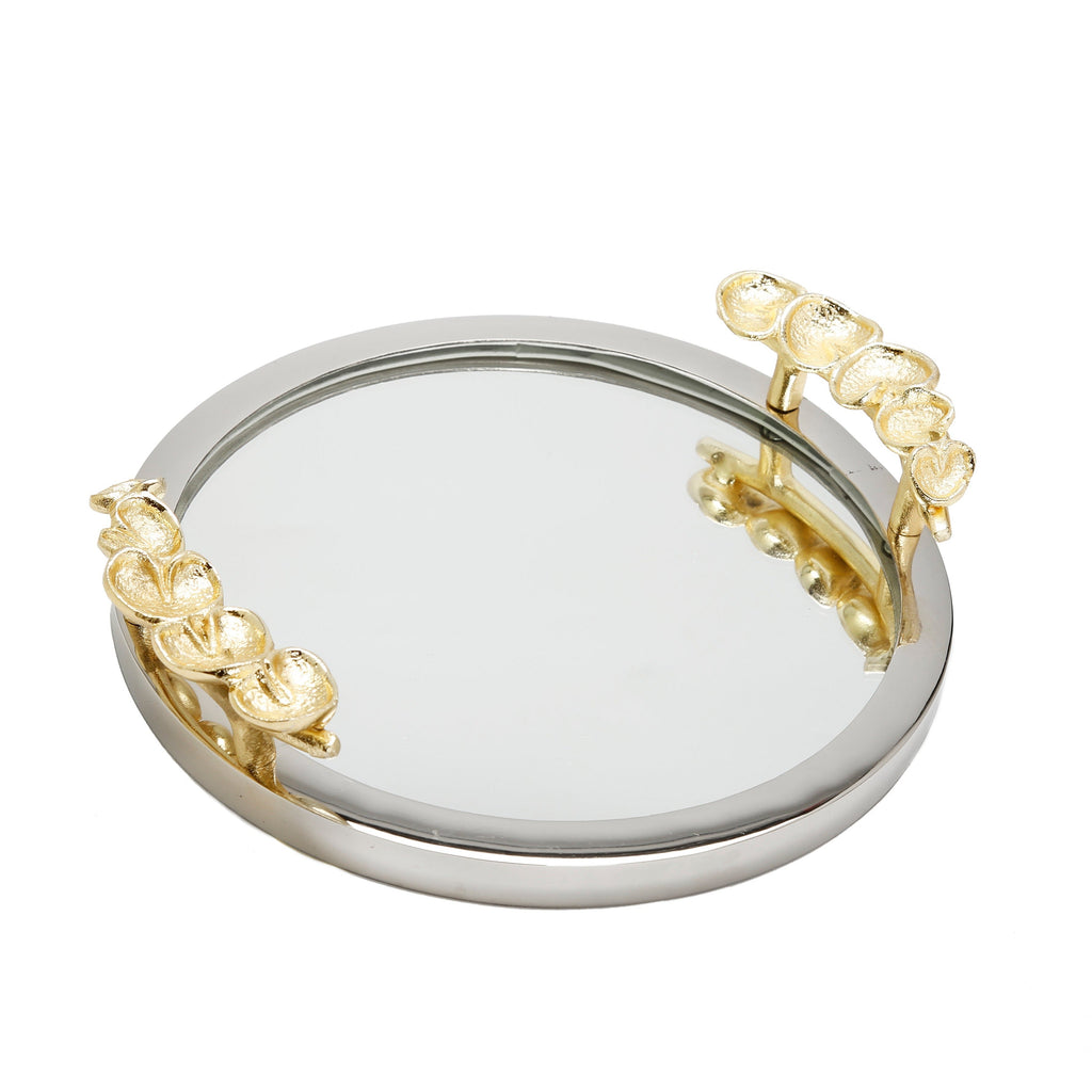 Mirror Tray Silver Border Gold Leaf Design on Handle 16"D