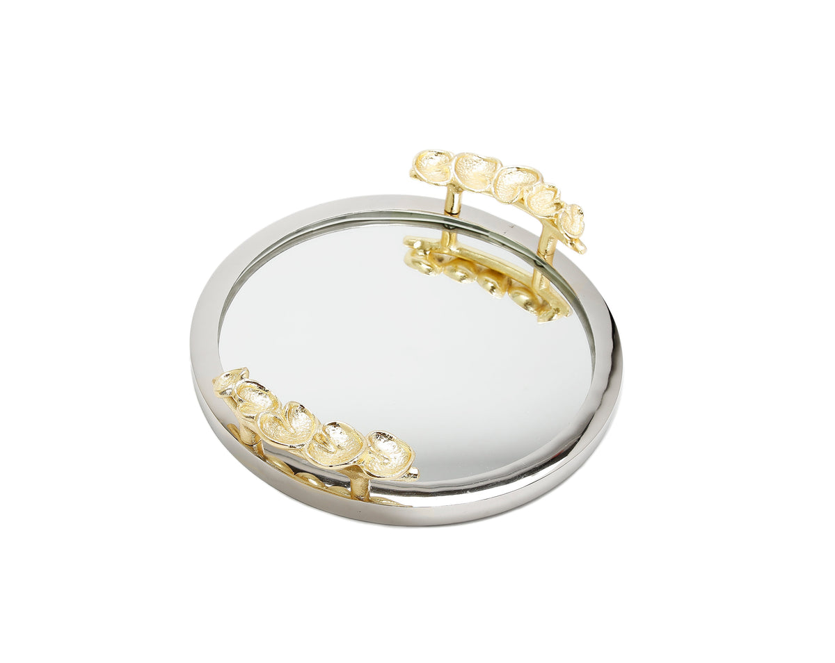 Mirror Tray Silver Border Gold Leaf Design on Handle 12"D