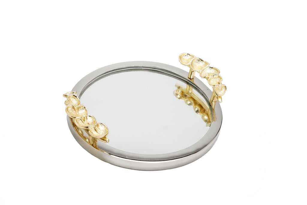 Mirror Tray Silver Border Gold Leaf Design on Handle 12"D