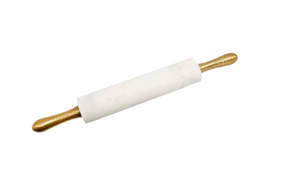 White Marble Rolling Pin with Hammered Handles and Base