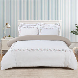 Floral Embroidered Border Hotel-Taupe Duvet Cover Bedding Set