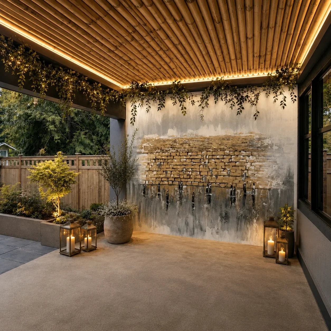 Kosel Reflected in Prayer vinyl sukkah mural on a full sukkah wall framed by greenery, candle lanterns and potted olive trees