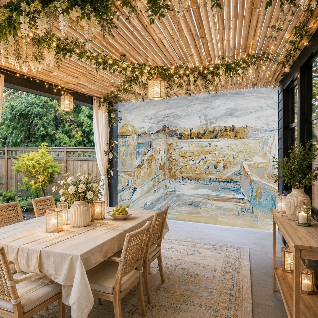 Kosel in Color sukkah mural covering a full sukkah wall behind a set Yom Tov table, sukkah art for Sukkot