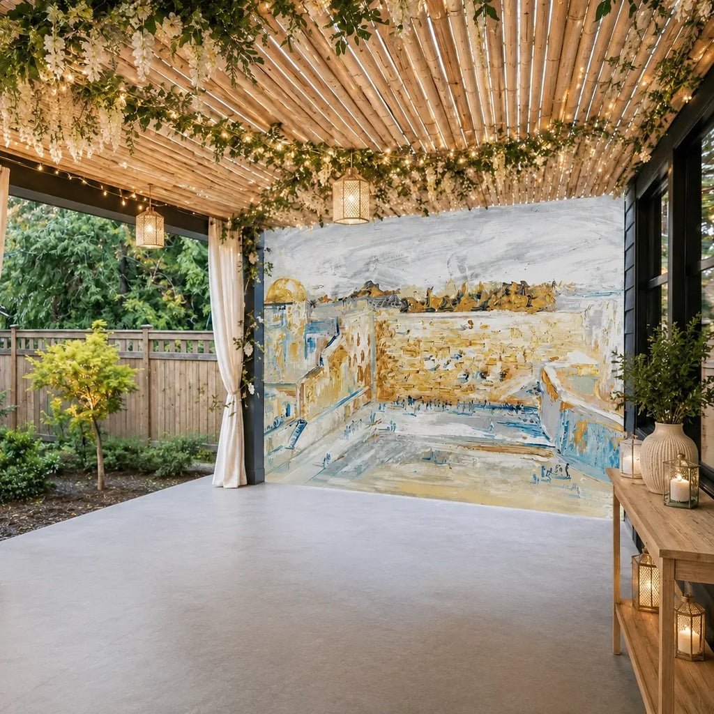 Kosel in Color sukkah mural on a garden sukkah wall under a bamboo roof, painted Jerusalem art for Succos