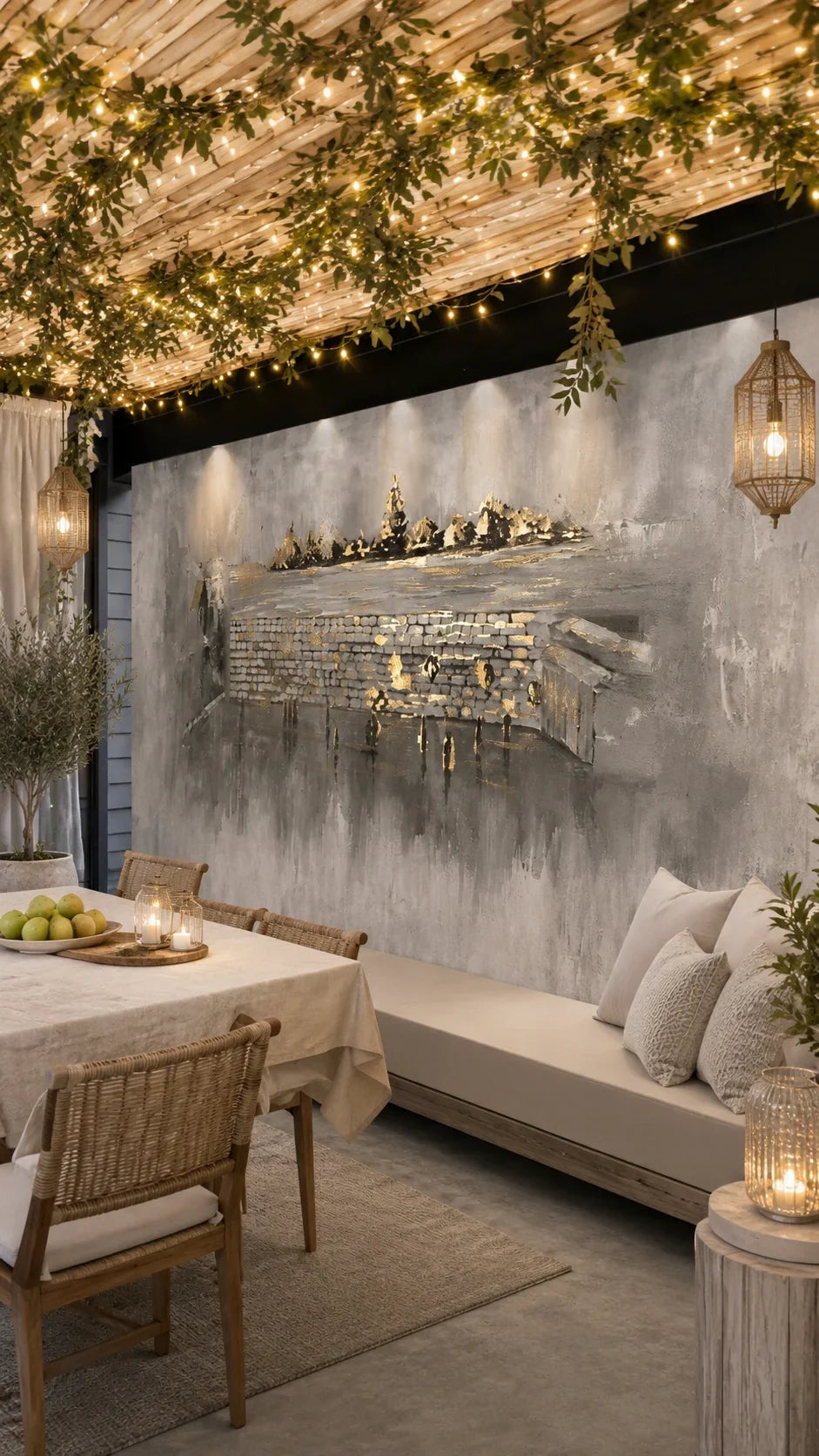 Kosel After Rain vinyl sukkah mural on a full sukkah wall above a linen daybed, lit by string lights and candle lanterns