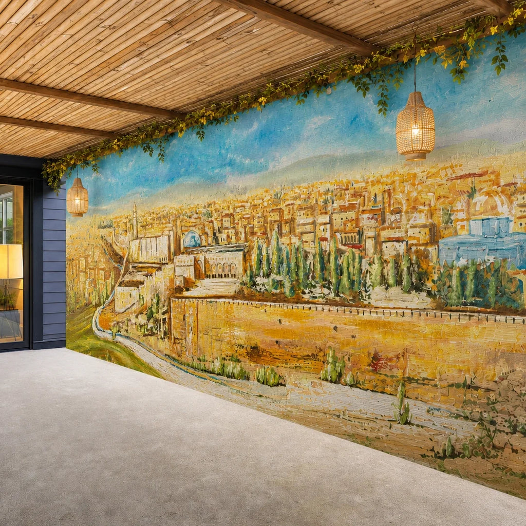 Jerusalem in Color waterproof vinyl sukkah decoration, painted Yerushalayim (ירושלים) cityscape for Sukkot