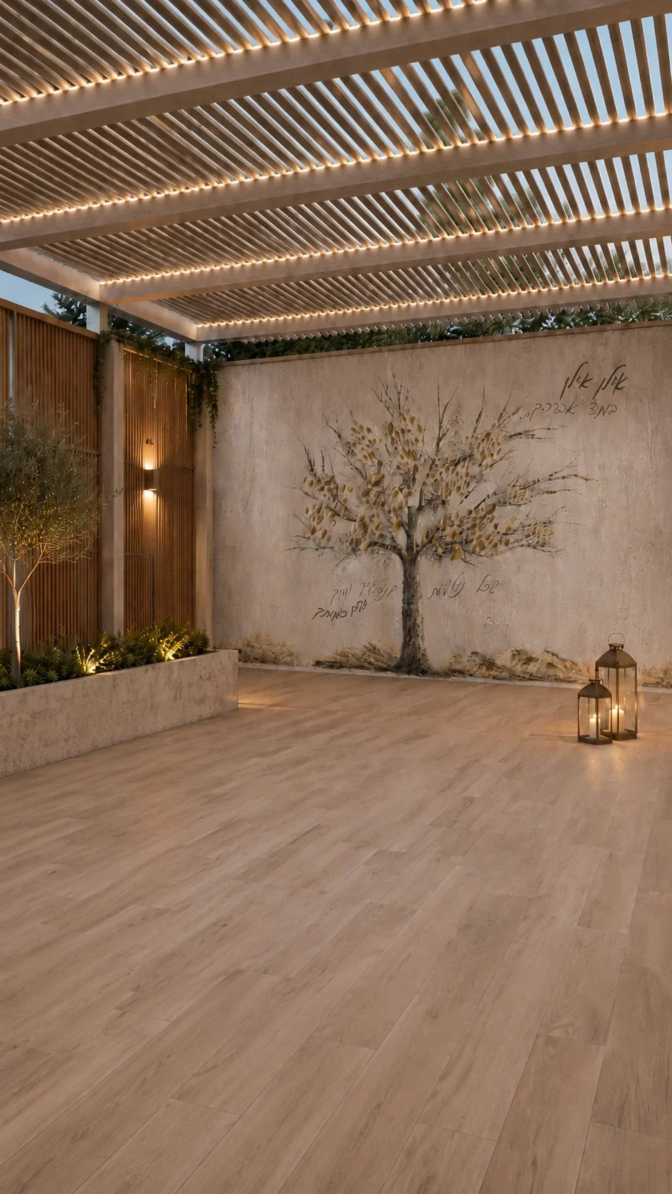 Painted by Judy Family Tree vinyl sukkah mural on a sukkah wall in a modern pergola with wood floors and a candle lantern