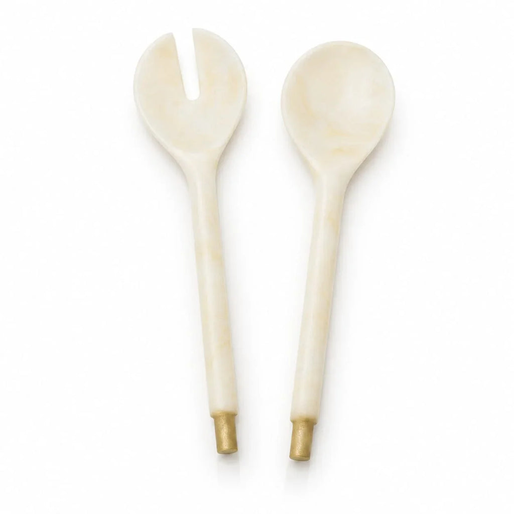 Accent Resin Salad Servers by Waterdale Collection in gold, cream marbled resin fork and spoon with gold metal tips