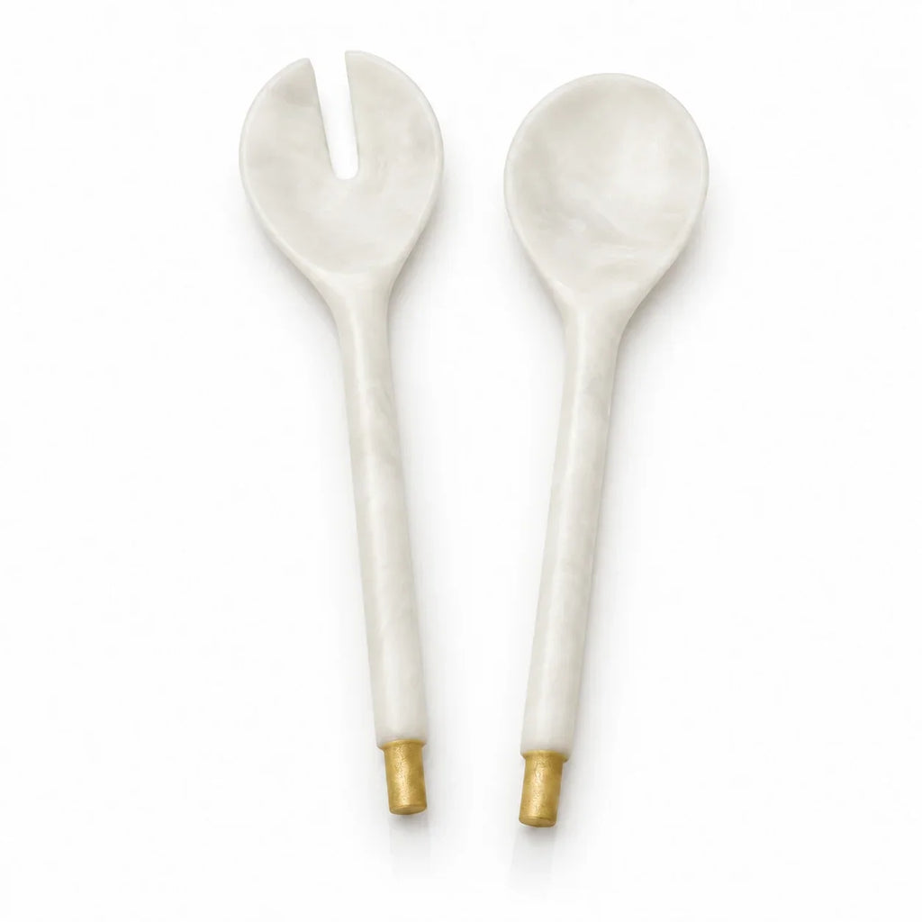 White marble-look resin serving fork and spoon with gold-tipped handles, salad serveware